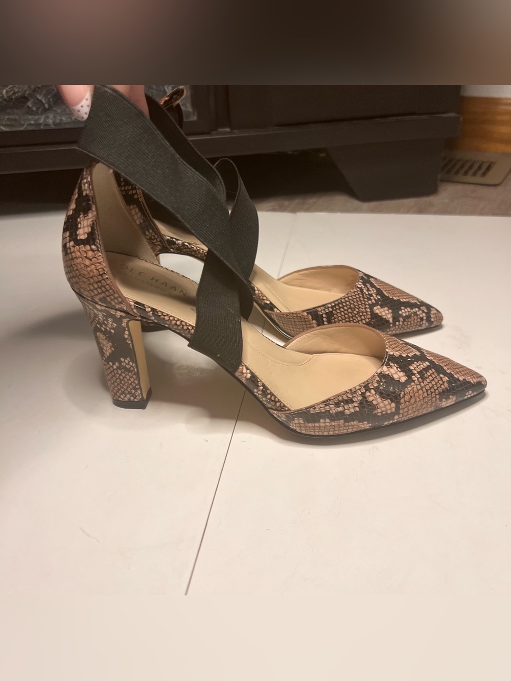 Cole Haan Snake-Print Pointed Block Heel in Black and Tan